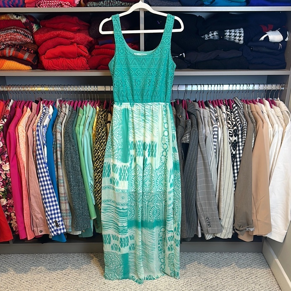 Maurices green/white print sleeveless lace bodice elastic waistband maxi dress S